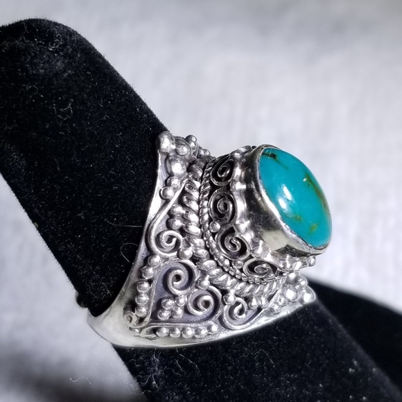 Genuine THICK silver and turquoise ring adjustable - Picture 4 of 7